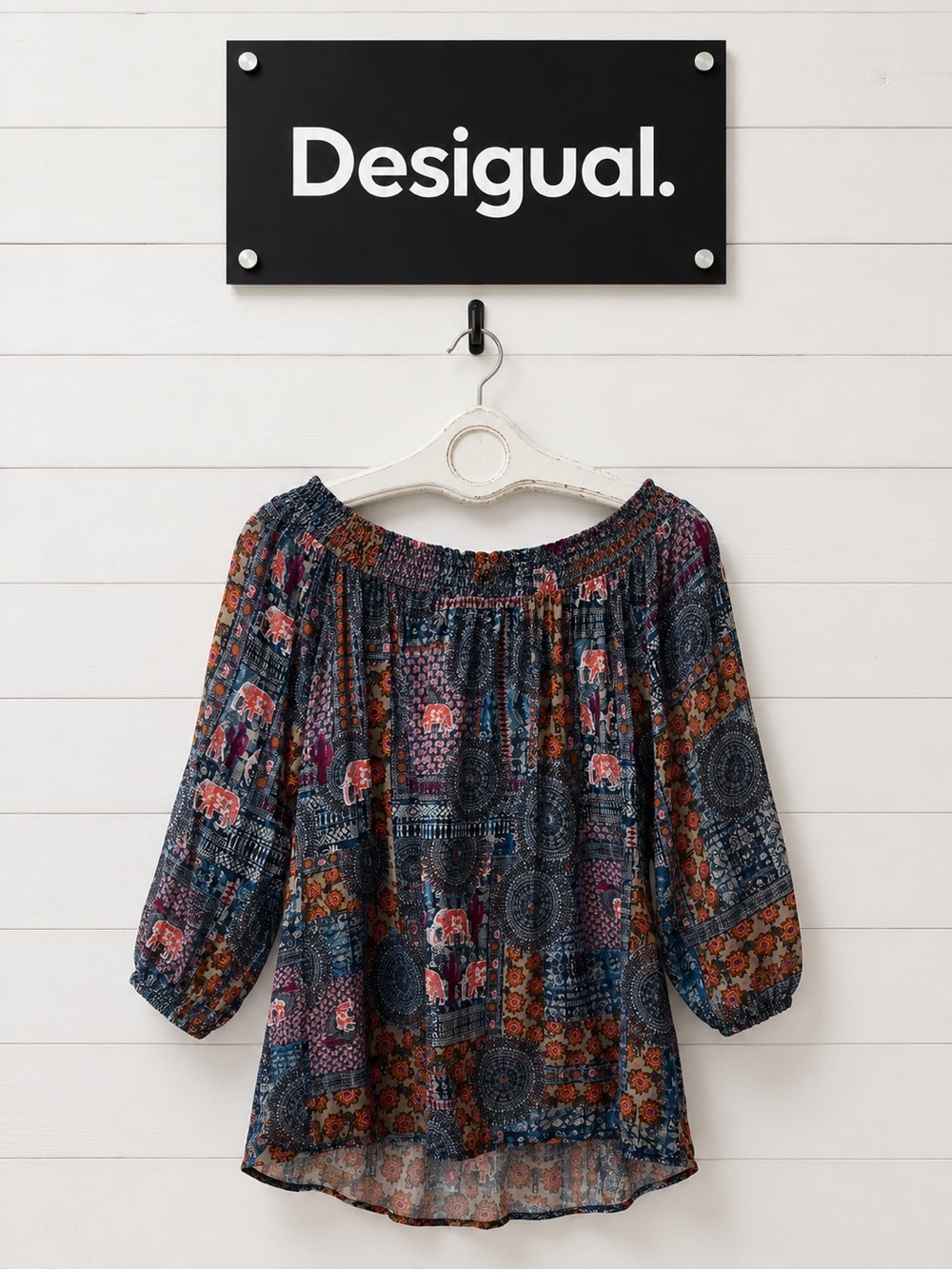 Desigual Boho Patchwork Off-Shoulder Blouse Size M NWT